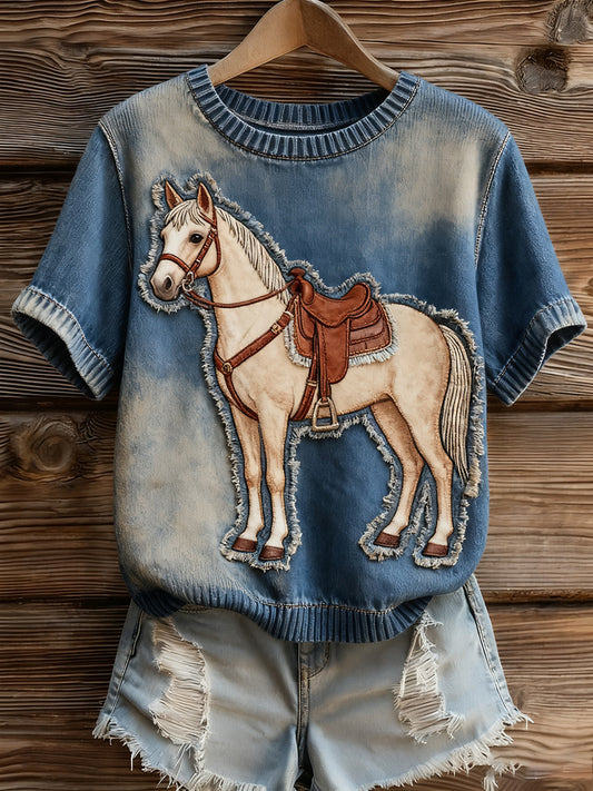 Women's Artistic Animal Print Comfortable Knit Short Sleeve Top