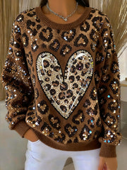 Women’s Thanksgiving Leopard Print Heart Art Crew Neck Pullover Multicolour / S