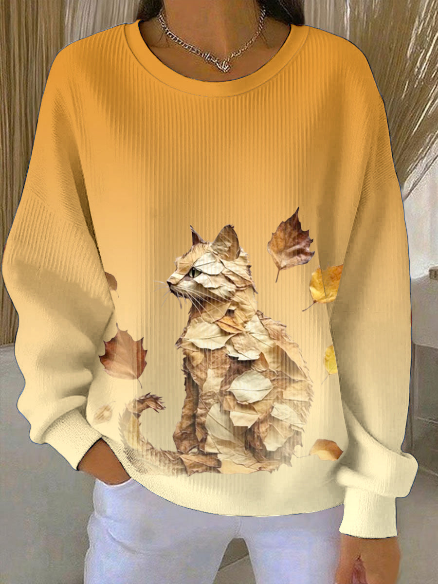 Women's Maple Leaf Cat Autumn Loose-Fit Crewneck Pullover