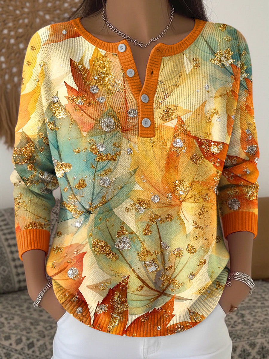 Women's Thanksgiving Vintage Maple Leaf Art V-Neck Top