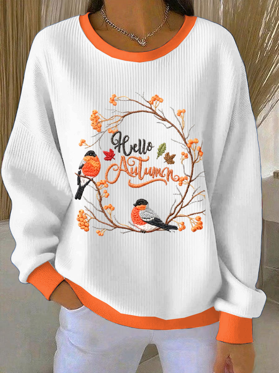 Women's Thanksgiving Embroidery Loose-Fit Crewneck Pullover