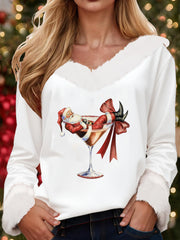 Women’s Santa Claus sitting on a red wine glass with a printed fur collar top White / S