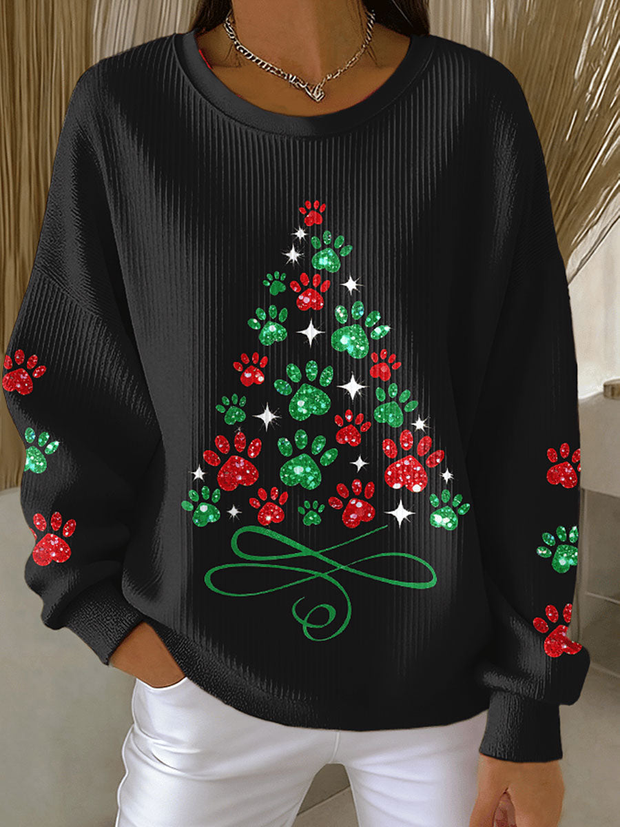 Women's Christmas Tree Animal Paw Print Sweatshirts
