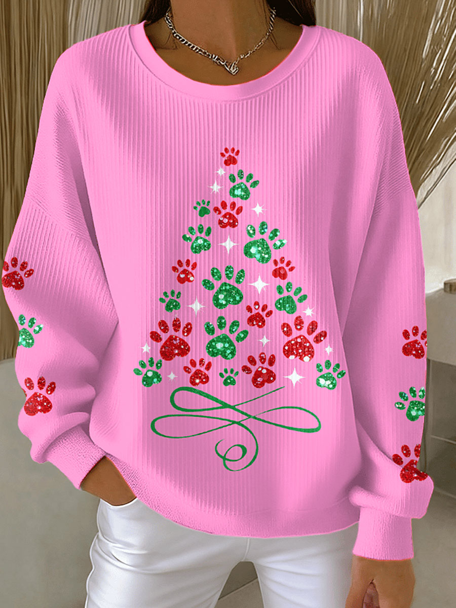 Women's Christmas Tree Animal Paw Print Sweatshirts