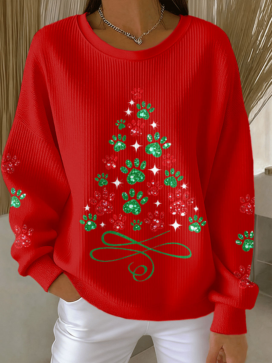 Women's Christmas Tree Animal Paw Print Sweatshirts