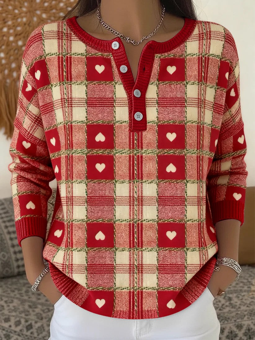 Women's Vintage Christmas Tartan Heart Long-sleeve Sweater