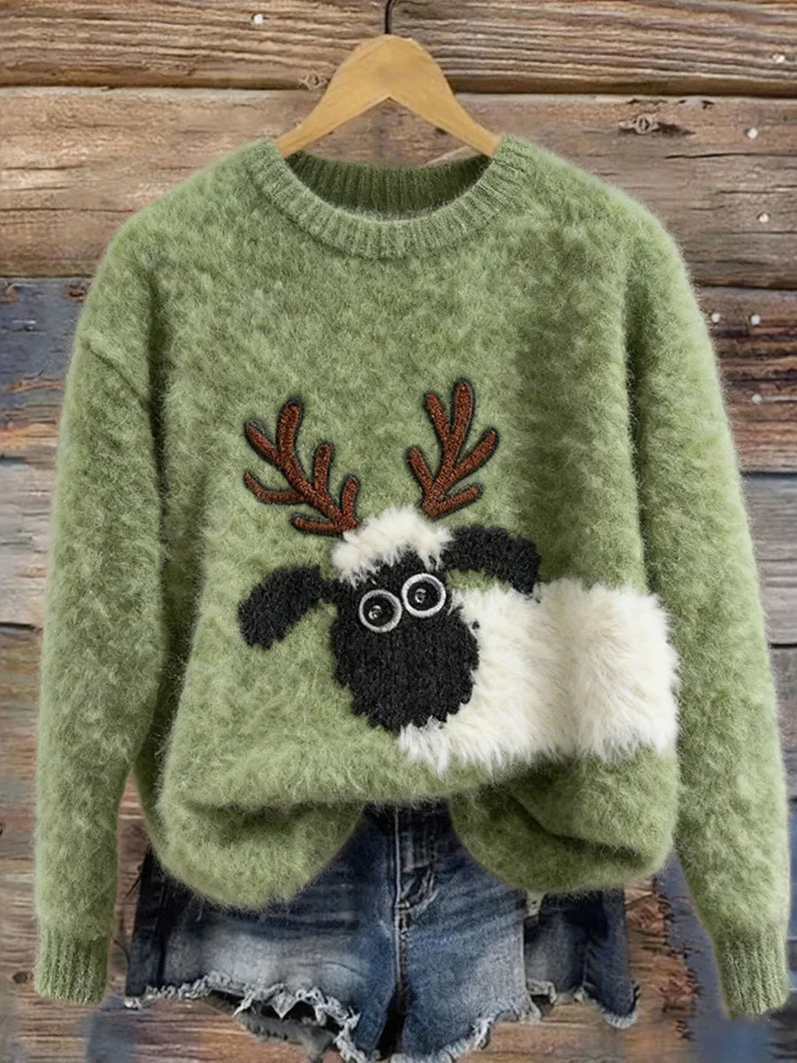 Women's Vintage Christmas Art Print Comfortable Casual Sweater