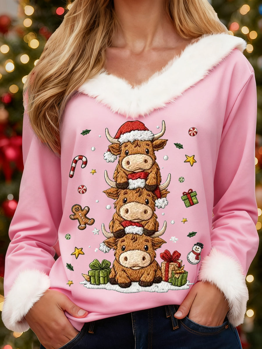 Women's Christmas Cute High Land Cow Print Casual Fur-Collar Top