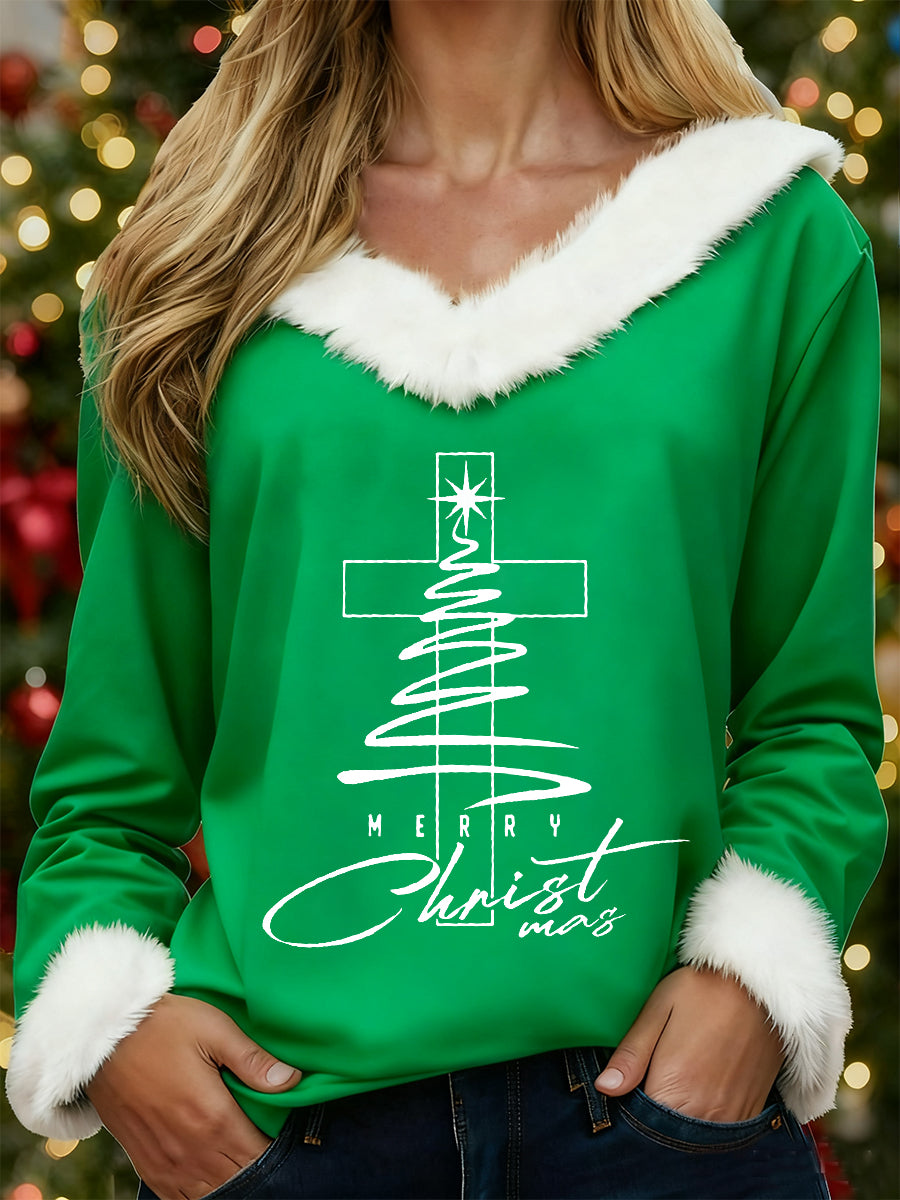 Women's Merry Christmas  Jesus Christmas Tree Cross Print Casual Fur-Collar Top