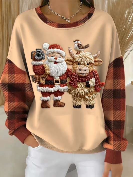 Women's Santa Claus and Highland Cattle Print  Sweatshirt