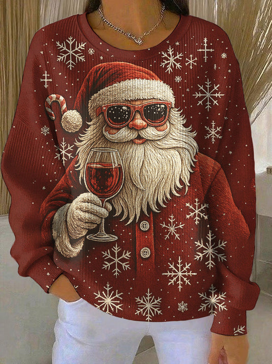 Women's Santa Claus holding a red wine glass Print Ribbed Round-Neck Sweatshirt