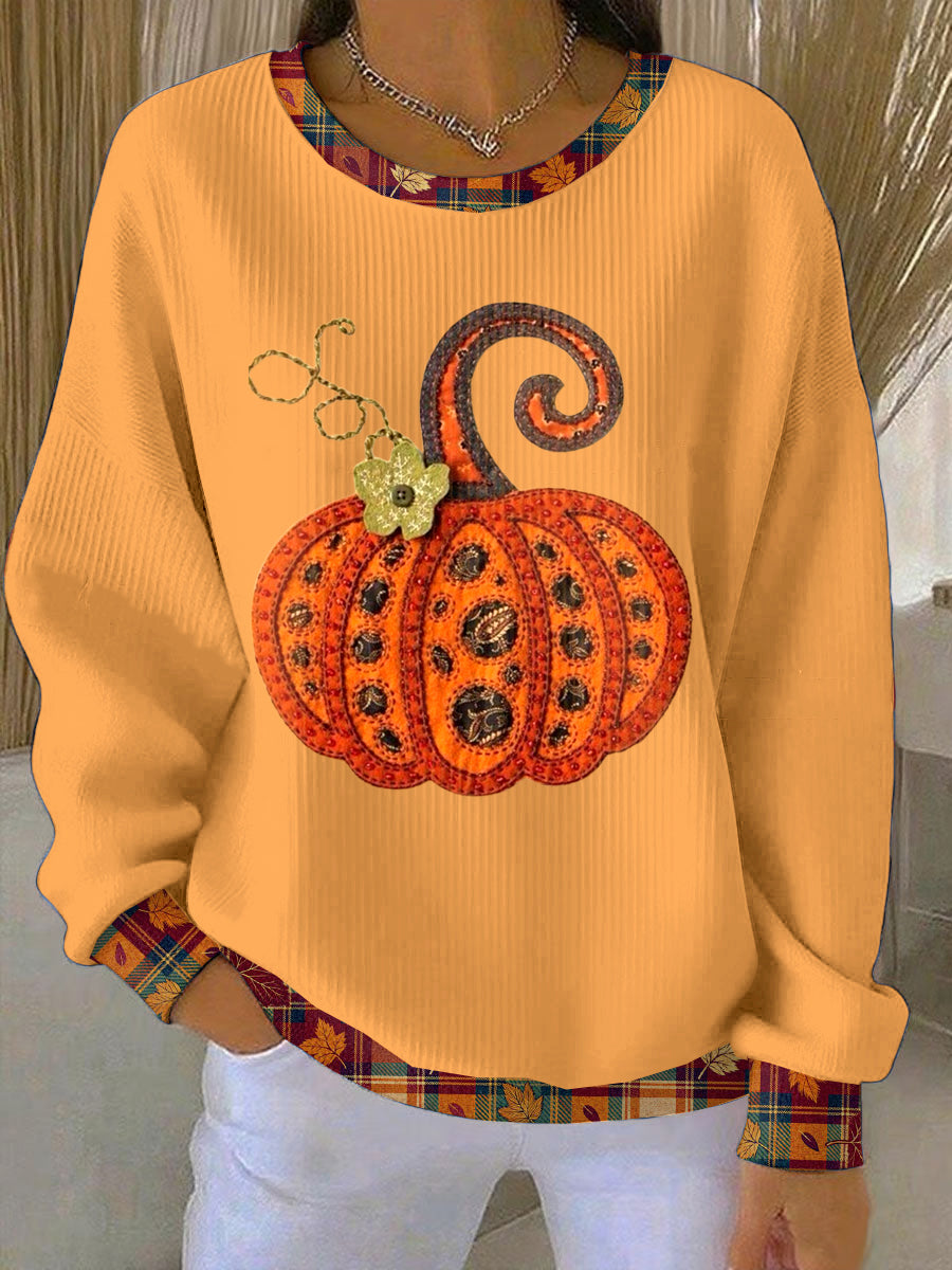 Women's Thanksgiving Pumpkin Charm Loose-Fit Crewneck Pullover