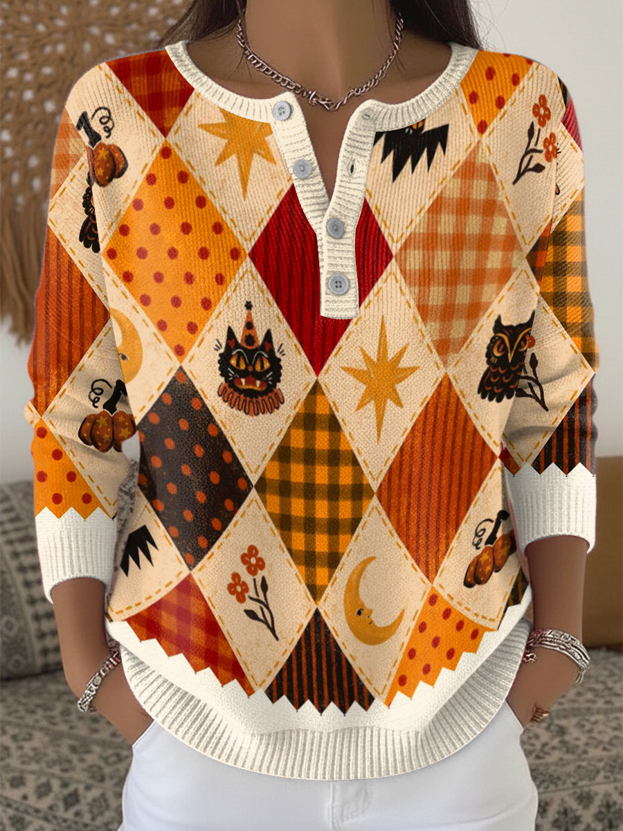 Women's Thanksgiving Diamond Pattern Henley neck sweater