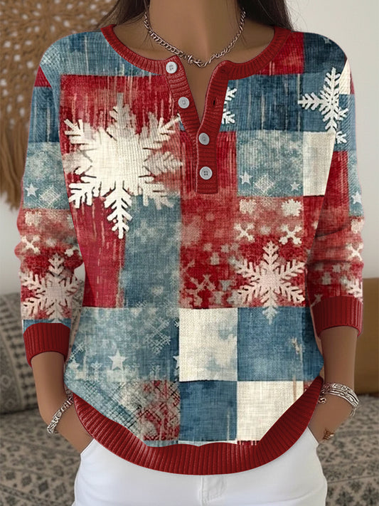 Women's Christmas Patchwork Henley neck sweater
