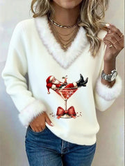 Women’s Santa Claus sitting on a red wine glass printed fur collar top White / S