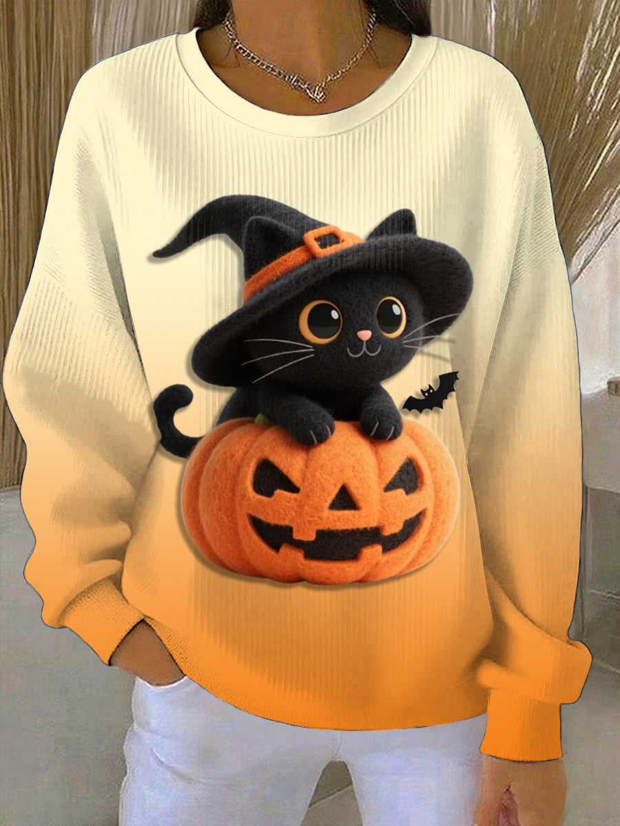 Women's Adorable Kitty Thanksgiving Loose-Fit Crewneck Pullover