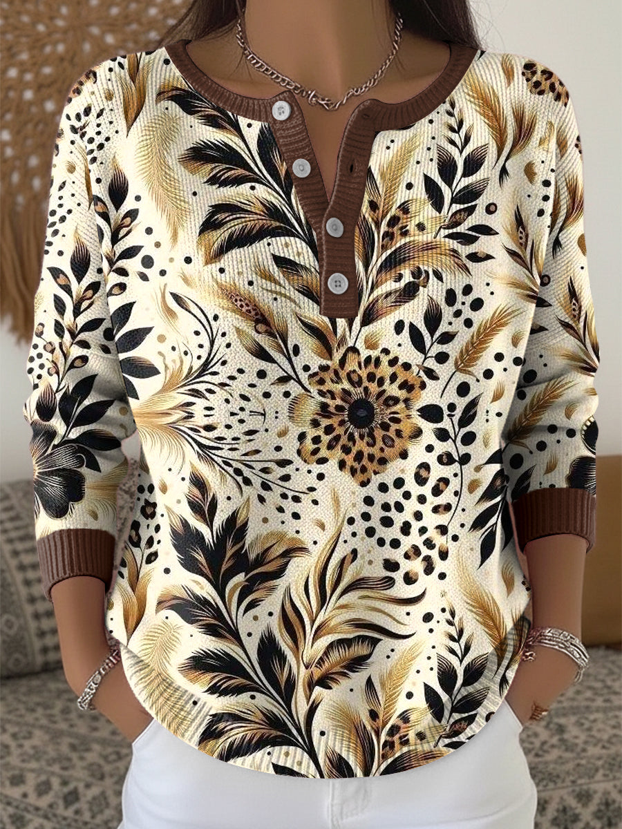 Women's Vintage Thanksgiving Leopard Print Floral Art V-Neck Top