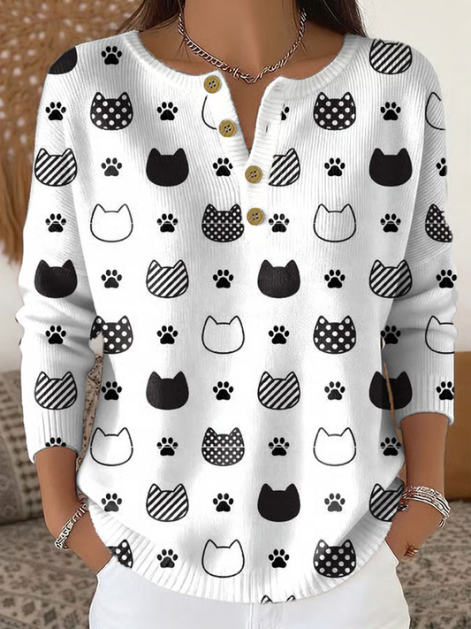 Women‘s cute cat print long-sleeve cardigan