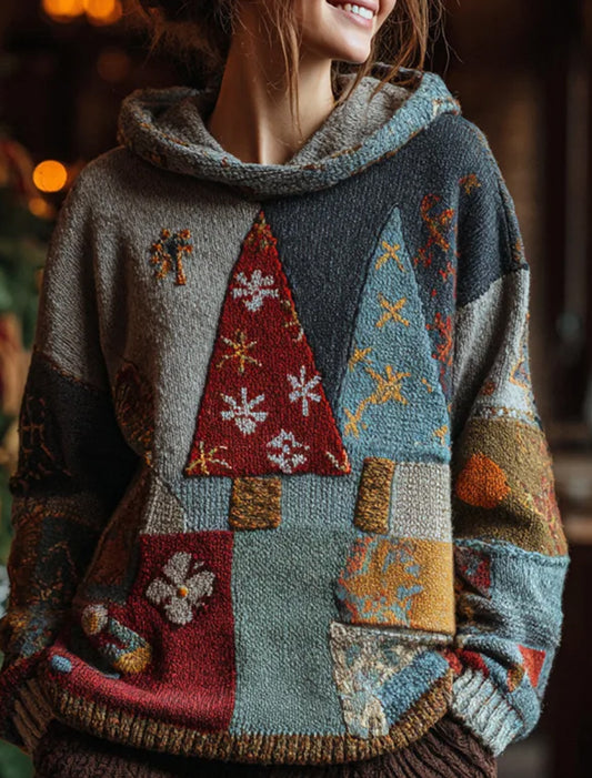 Women's Vintage Christmas Artistic Casual Comfort Knit Hoodie
