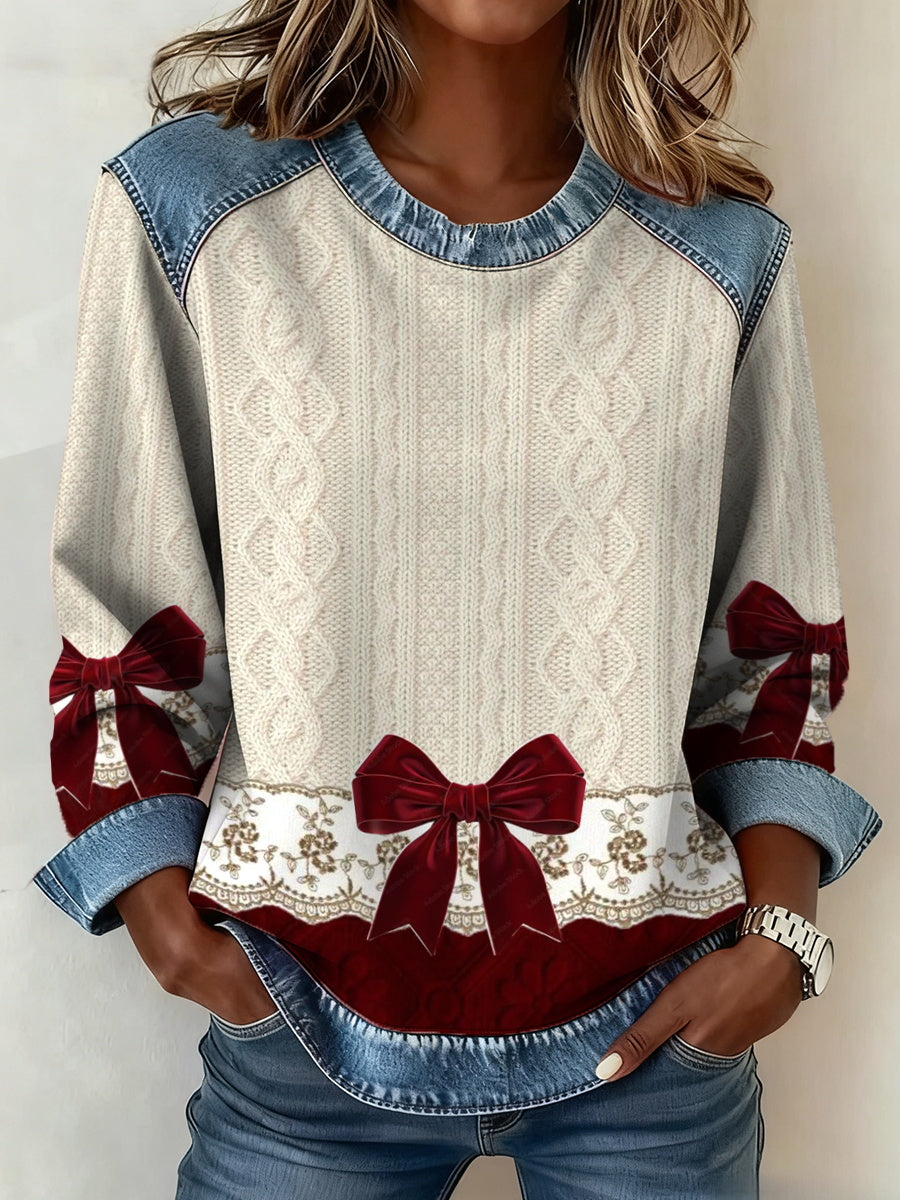 Women's textured bow denim collar sweatshirt