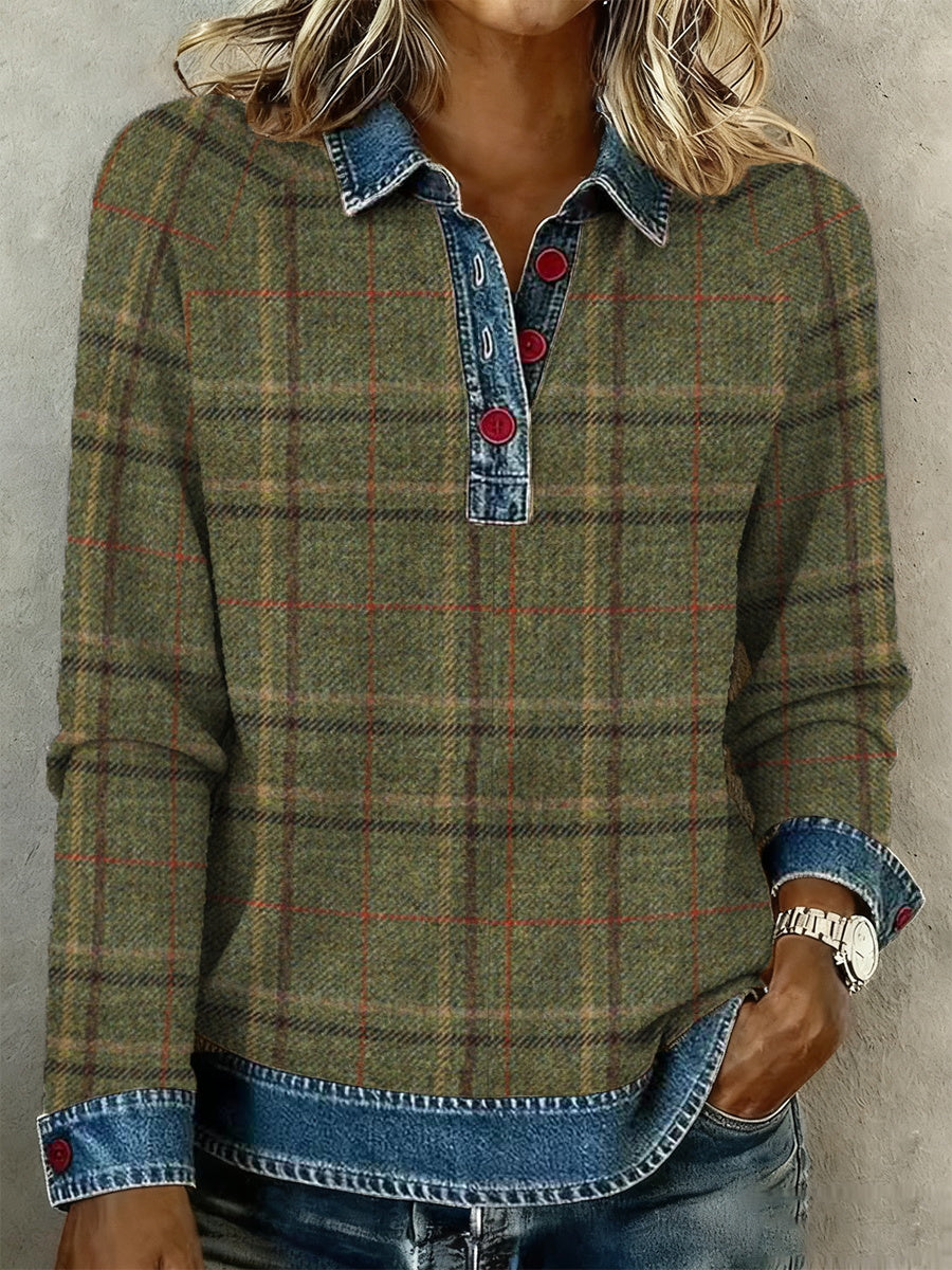 Women's Plaid Pattern Denim Collar Shirt