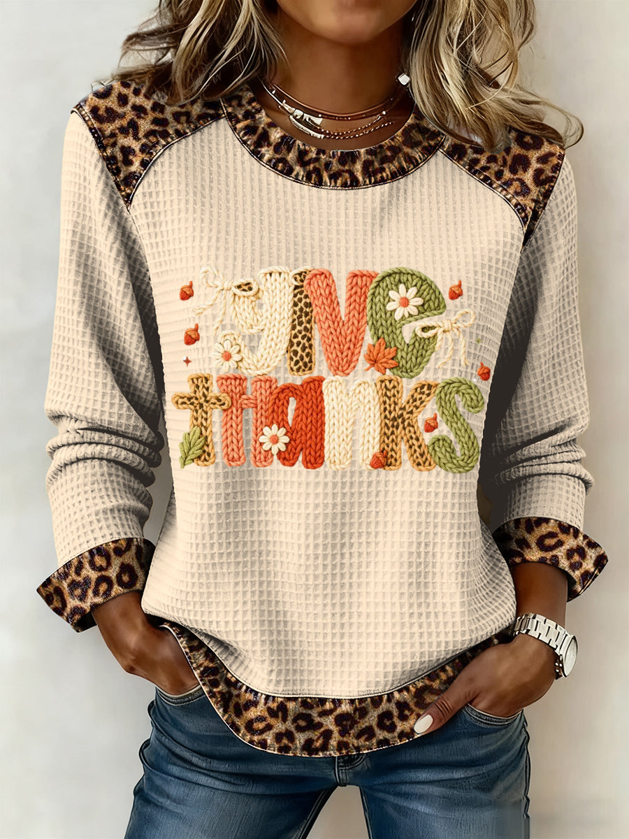 Women's Thanksgiving Leopard Patchwork Waffle Weave Casual Top