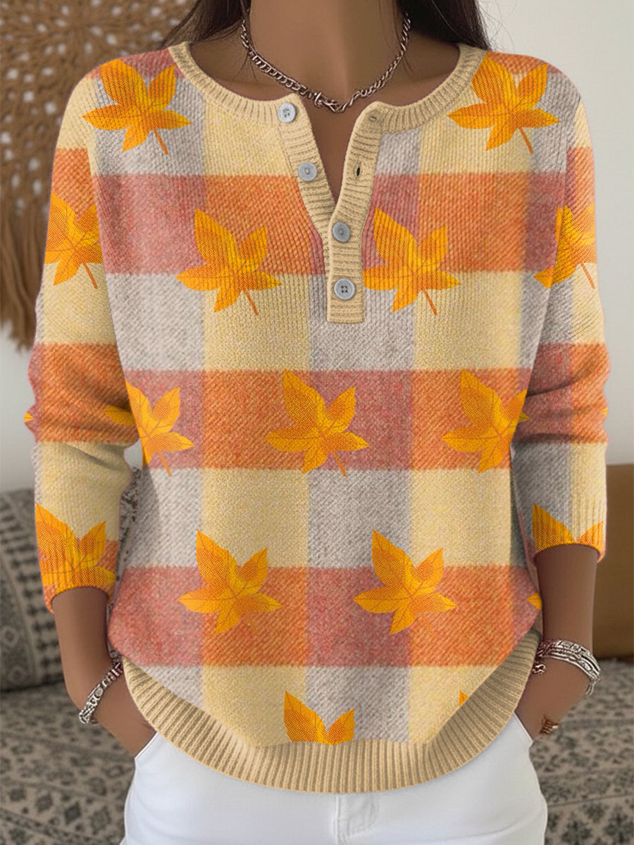 Women's Thanksgiving Plaid Maple Leaf Henley neck sweater