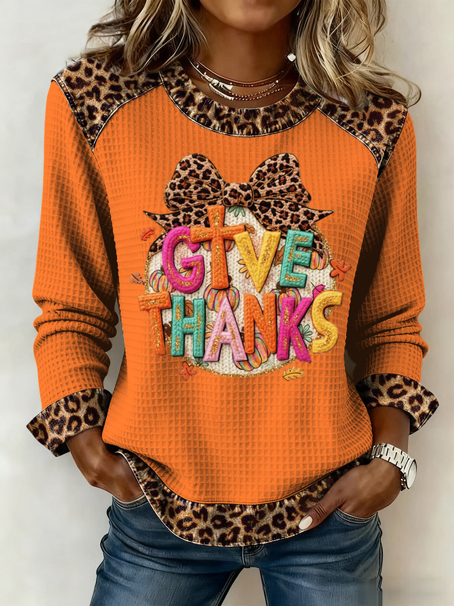 Women's Thanksgiving Leopard Bow Round Neck Waffle Weave Top