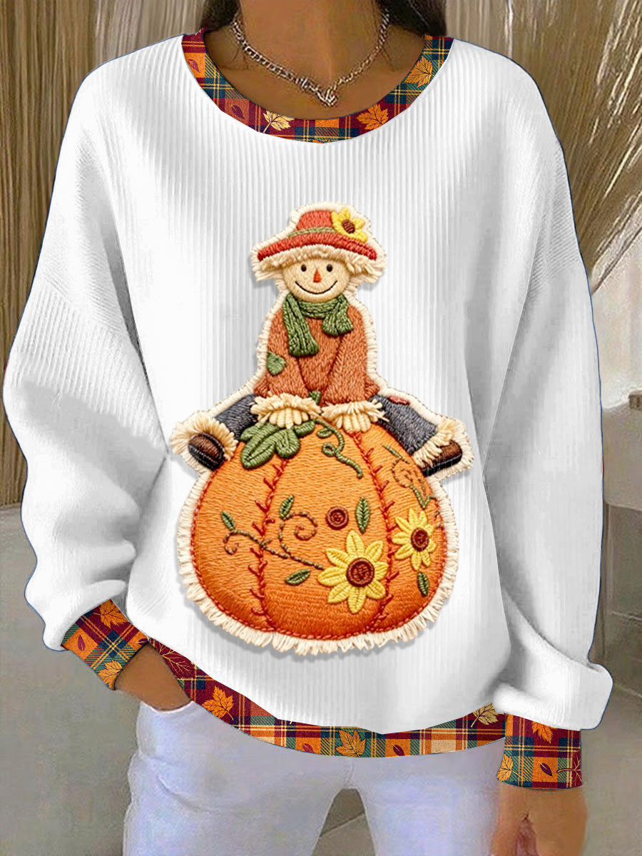 Women's White Cute Thanksgiving Loose-Fit Crewneck Pullover