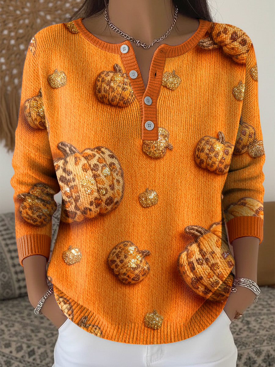 Women's Thanksgiving Vintage Leopard Print Pumpkin Art V-Neck Top