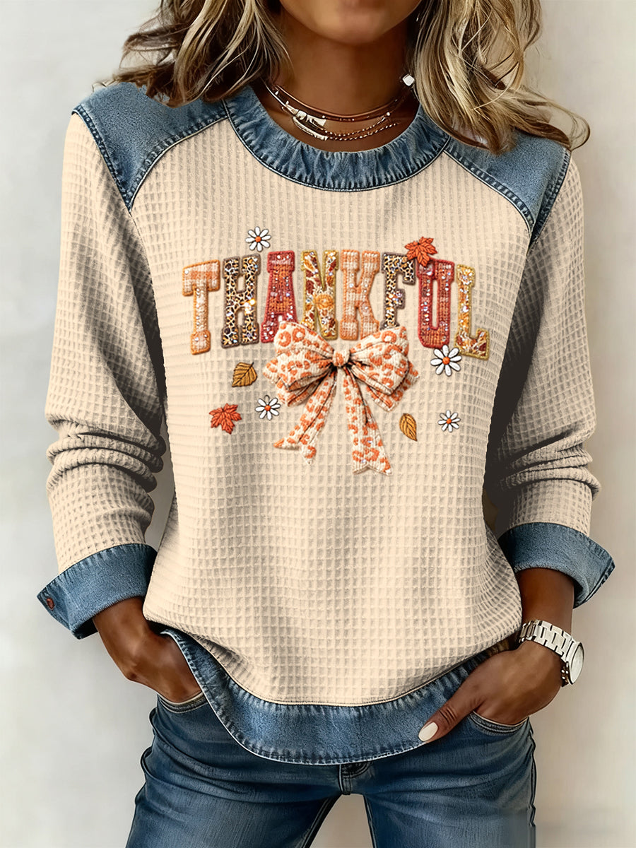Women's Thanksgiving Bow Waffle-Weave Casual Top