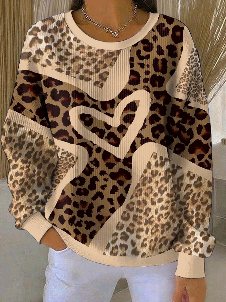 Women's Autumn Leopard Print Loose-Fit Crewneck Pullover