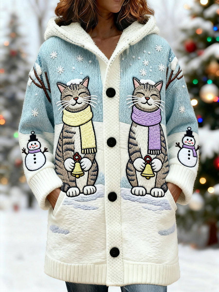 Women’s Cute Winter Cat Print Casual Mid-Length Hooded Cardigan Light Blue / S
