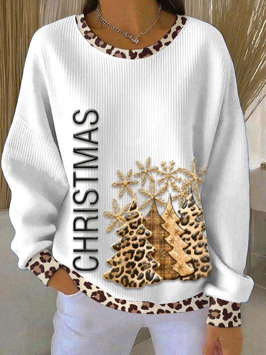 Women's White Christmas Leopard Print Loose-Fit Crewneck Pullover