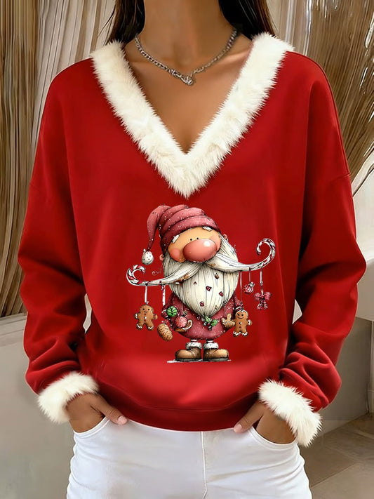 Women's  Retro Christmas Santa Loose Long Sleeved Fur-Trimmed Sweater
