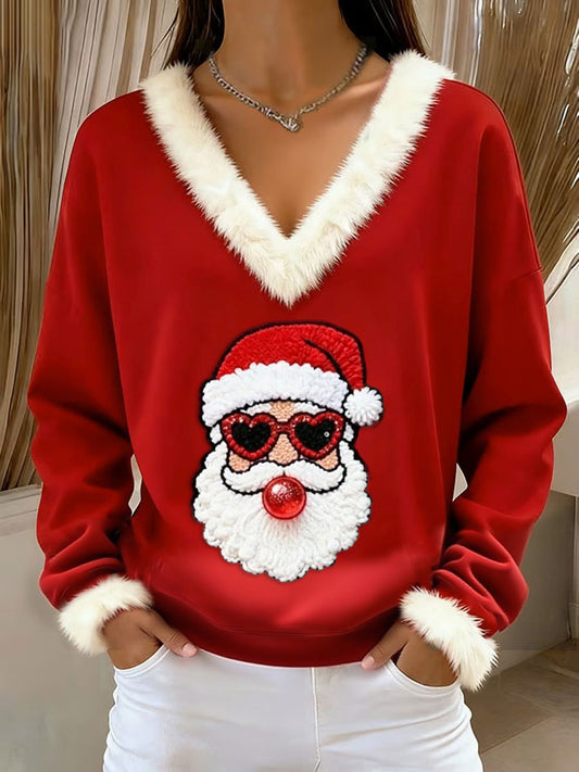 Women's  Retro Christmas Santa Claus Blowing Bubbles Loose Long Sleeved Fur-Trimmed Sweater
