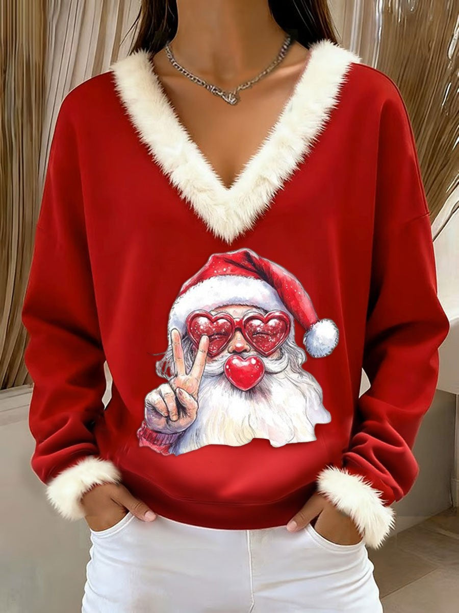Women's  Retro Christmas Santa Claus Blowing Bubbles Loose Long Sleeved Fur-Trimmed Sweater