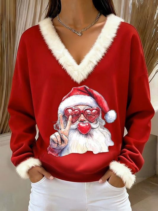 Women's  Retro Christmas Santa Claus Blowing Bubbles Loose Long Sleeved Fur-Trimmed Sweater
