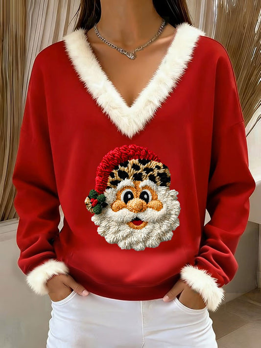 Women's  Retro Christmas Fluffy Santa Loose Long Sleeved Fur-Trimmed Sweater