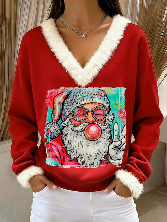 Women's  Retro Christmas Santa Claus Blowing Bubbles Loose Long Sleeved Fur-Trimmed Sweater