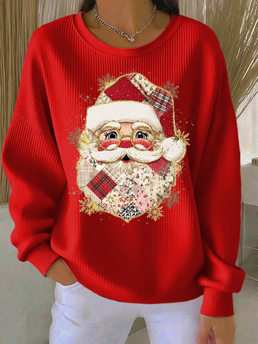 Women's Santa Claus Print  Ribbed Round-Neck Sweatshirt
