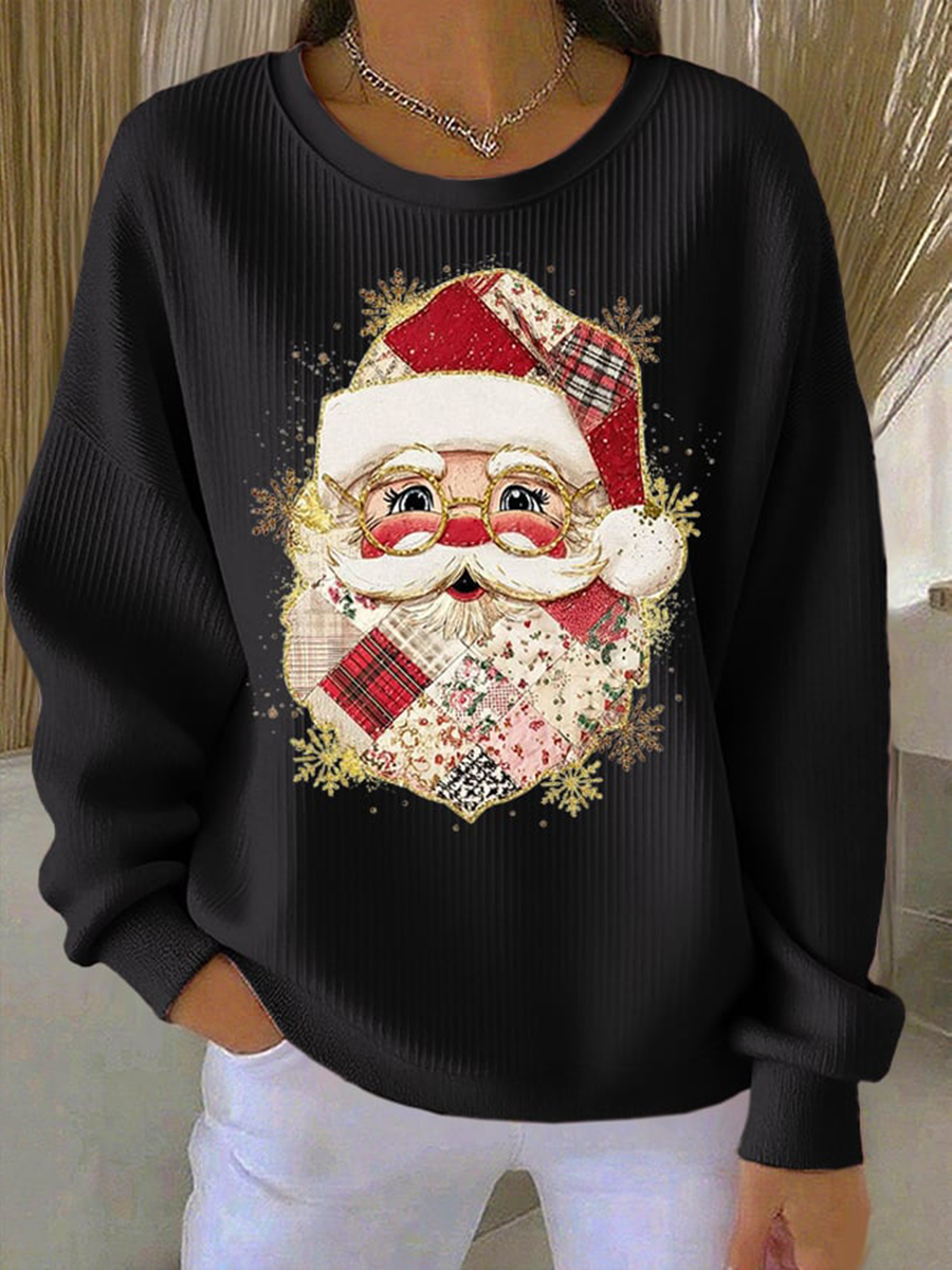 Women's Santa Claus Print  Ribbed Round-Neck Sweatshirt