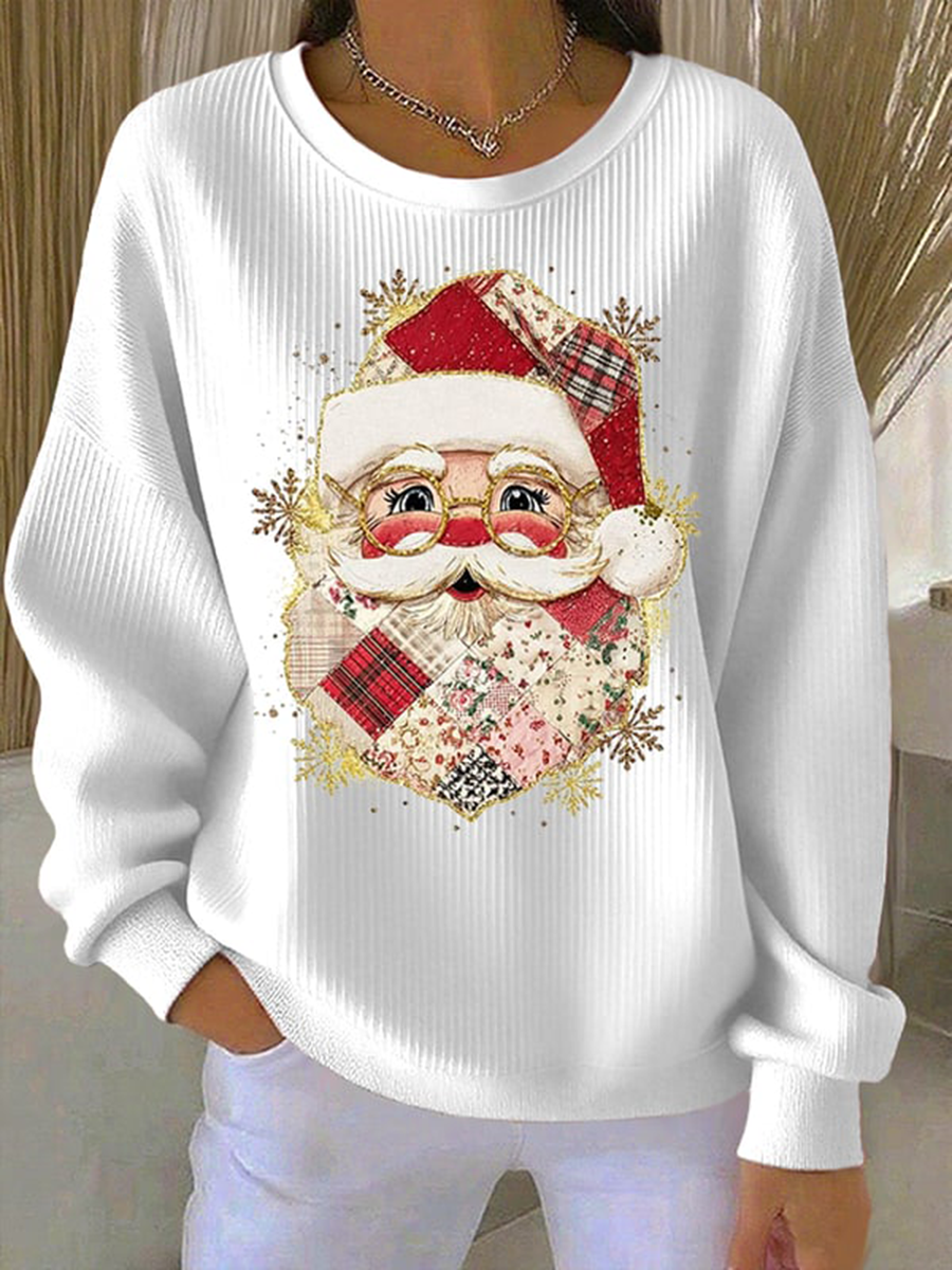 Women's Santa Claus Print  Ribbed Round-Neck Sweatshirt