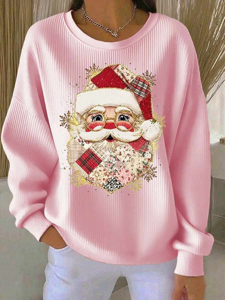 Women's Santa Claus Print  Ribbed Round-Neck Sweatshirt