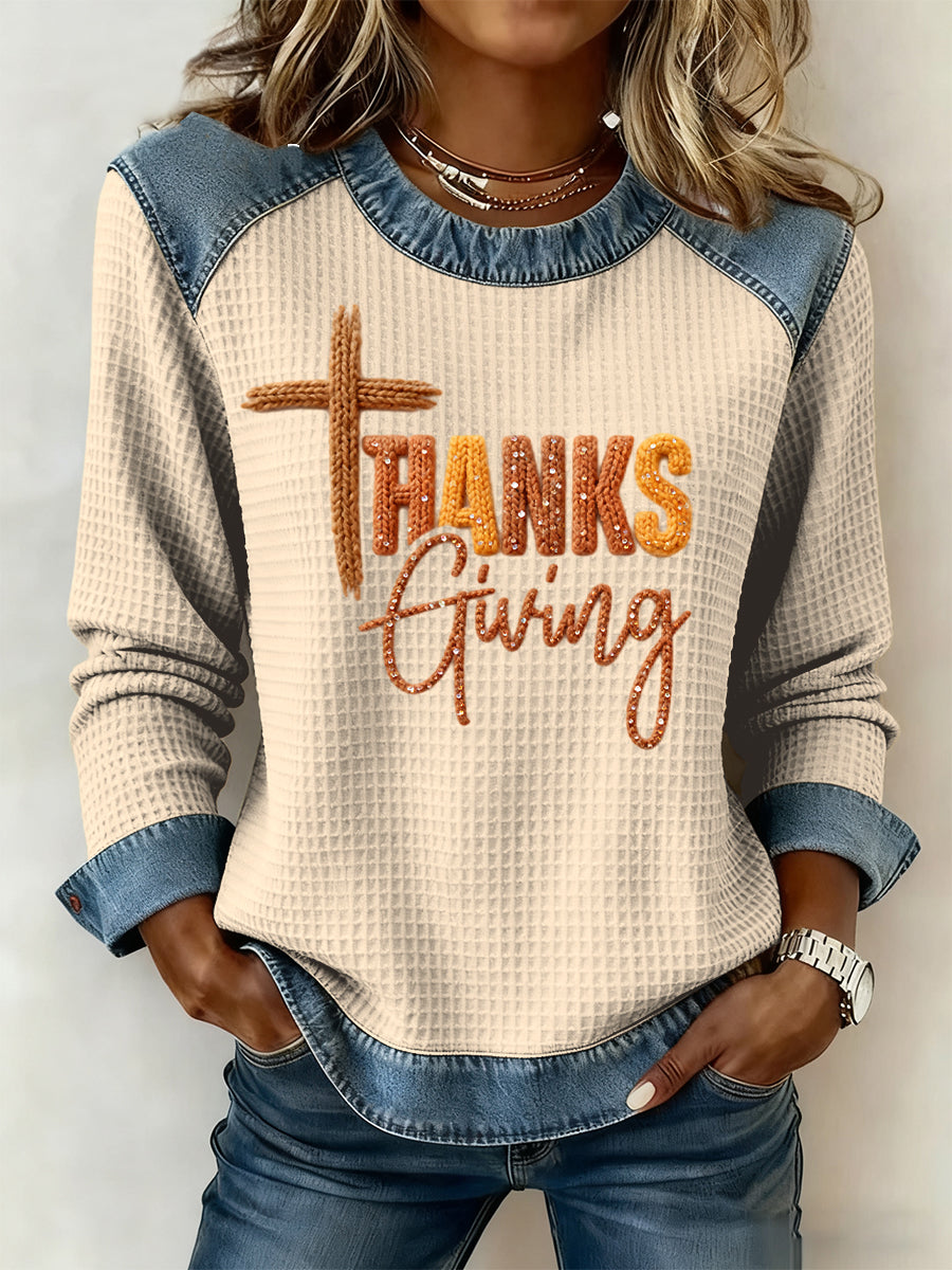 Women's Vintage Thanksgiving Art Casual Waffle Weave Top