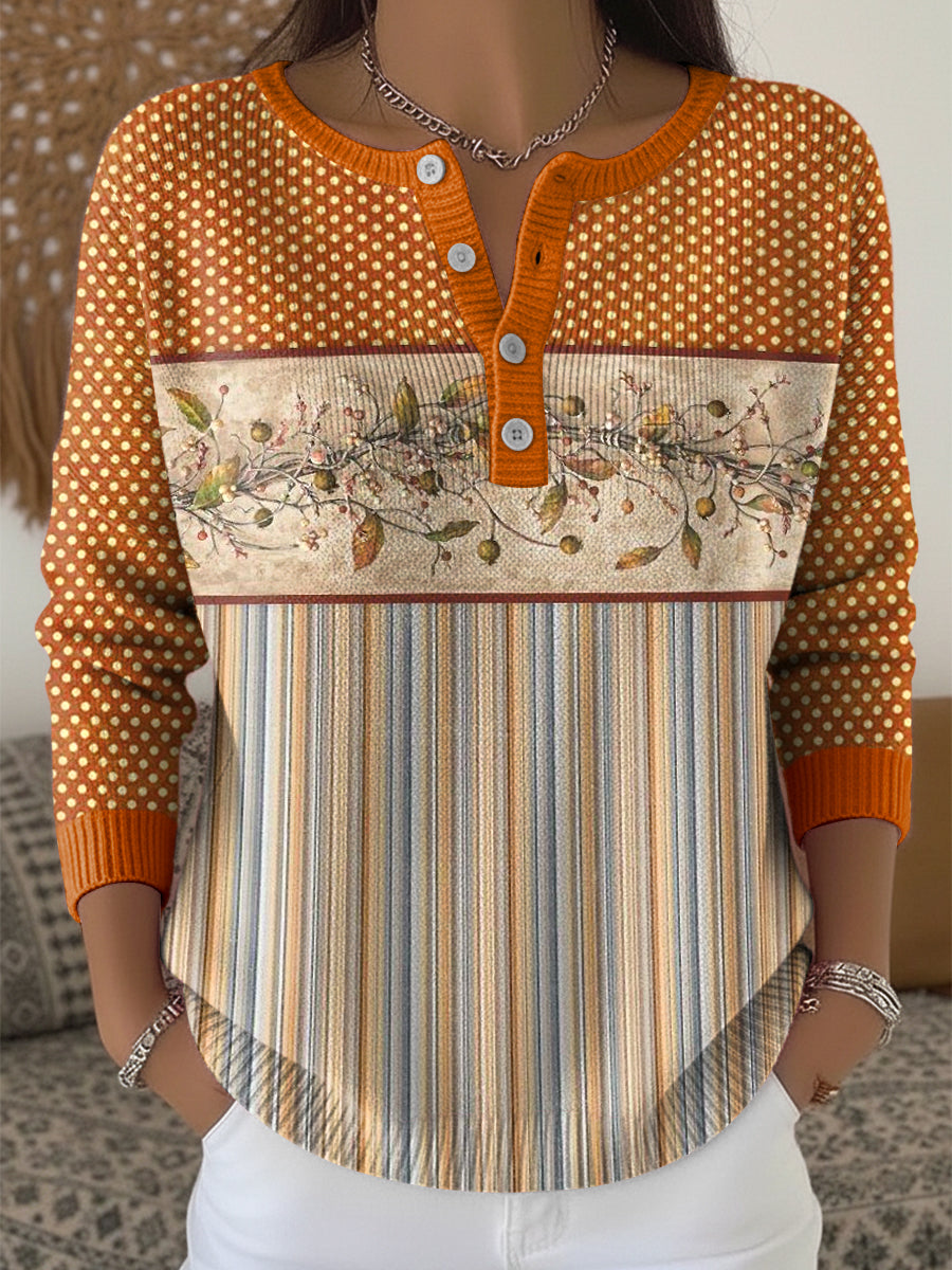 Women's Thanksgiving Vintage Polka Dot & Stripe Patchwork V-Neck Top