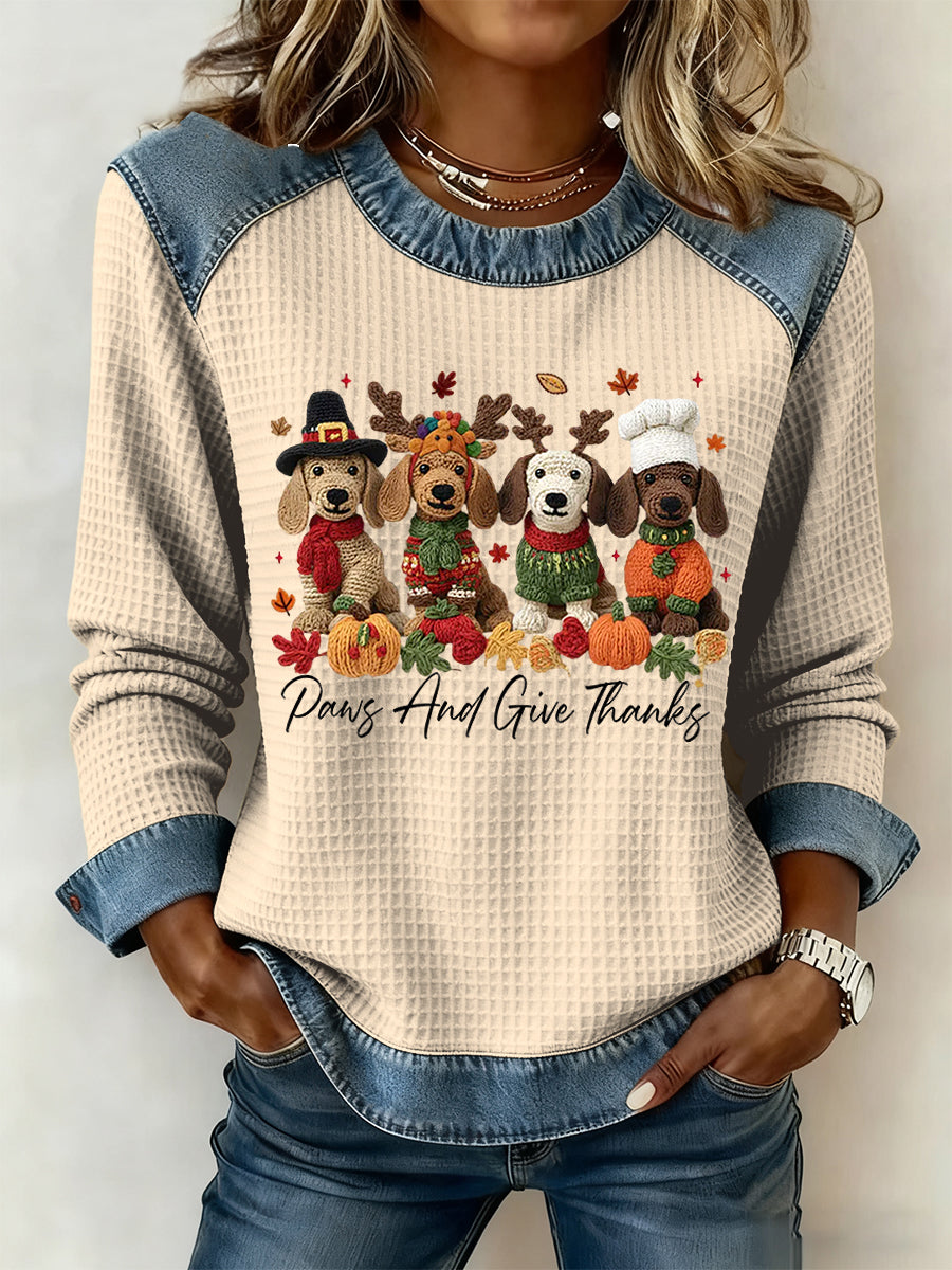Women's Thanksgiving Cute Puppy Art Casual Waffle-Weave Top