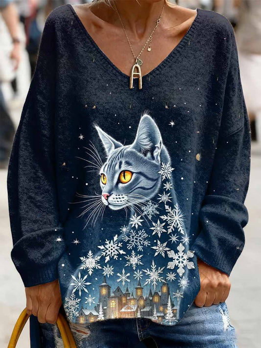 Women's Christmas Cat Print V Neck Top