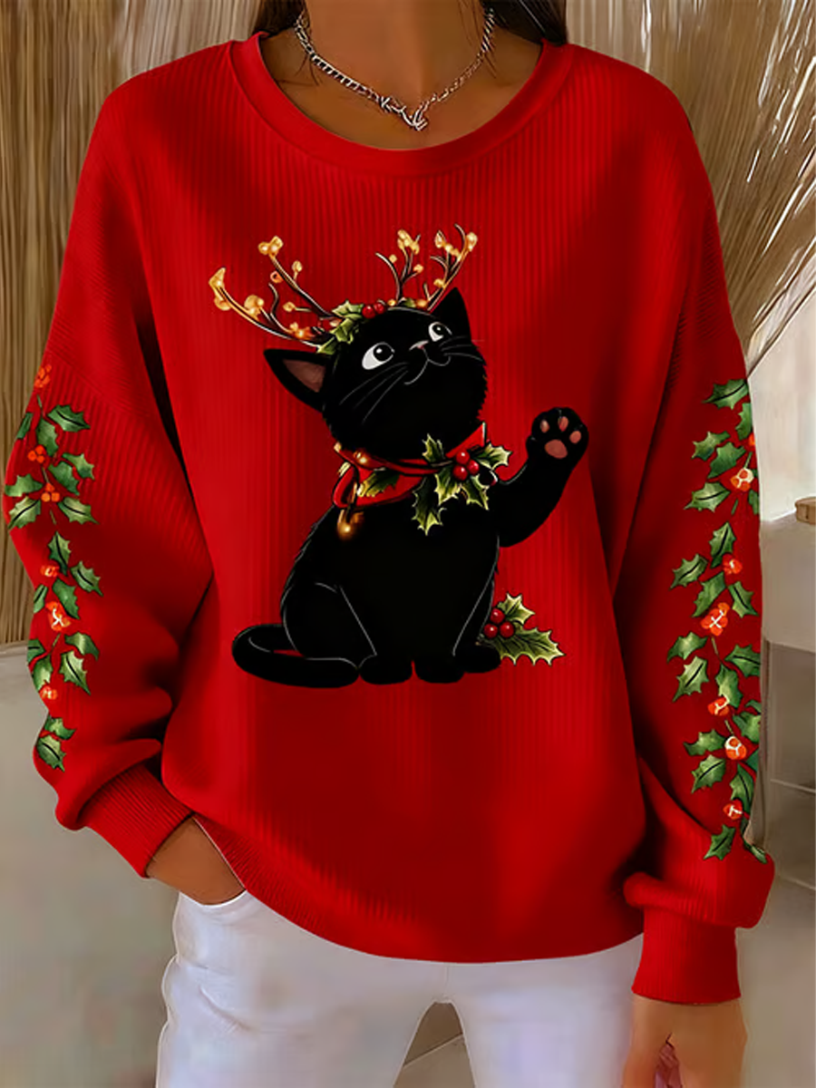 Women's Christmas Black Cat Print Ribbed Round-Neck Sweatshirt