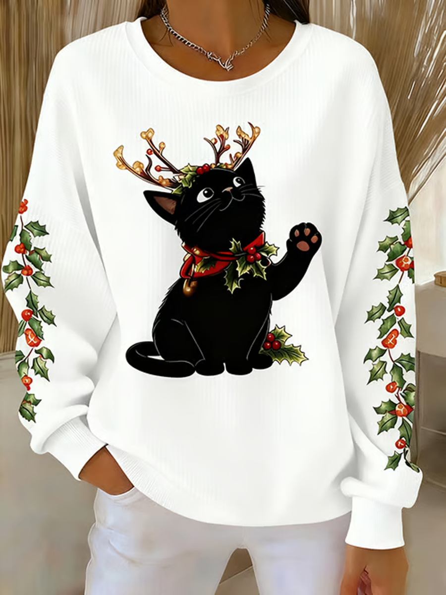 Women's Christmas Black Cat Print Ribbed Round-Neck Sweatshirt